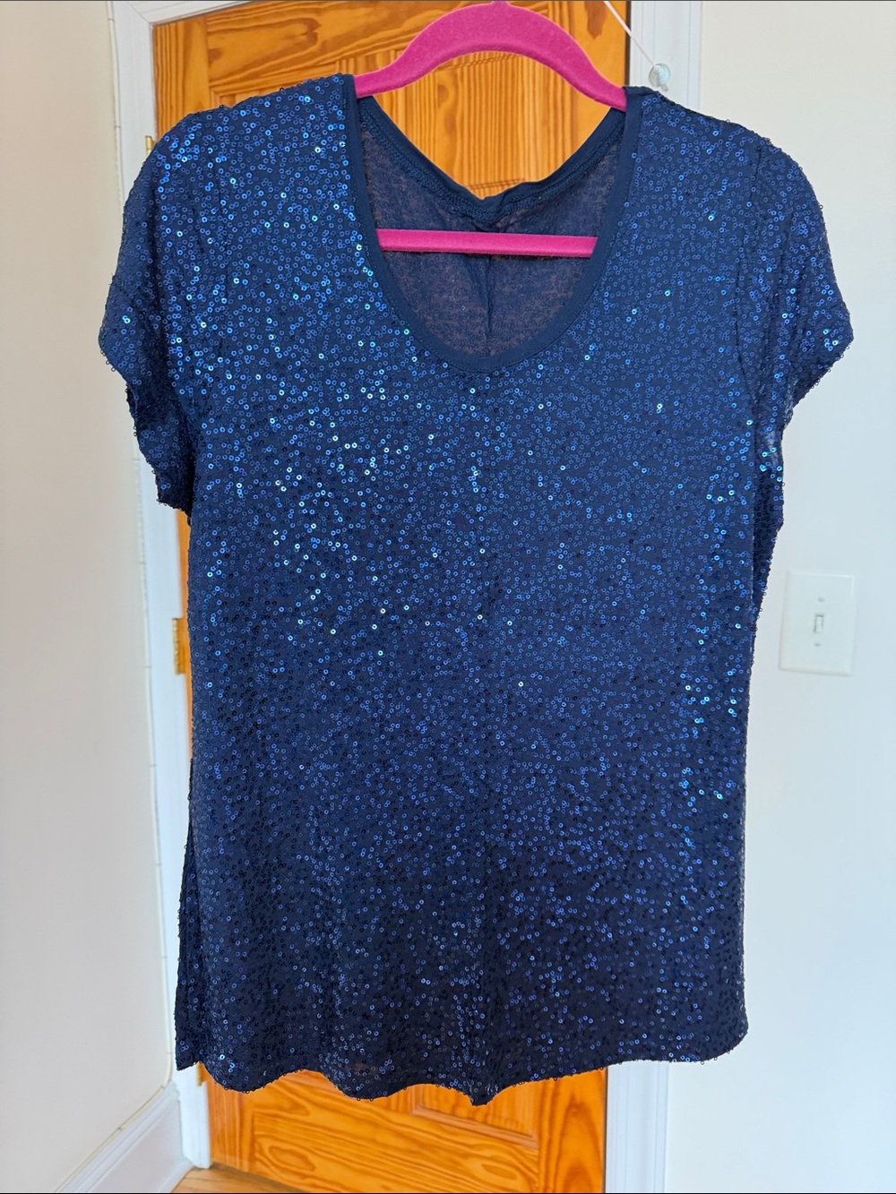 Sequin V-Neck Short Sleeve Top - Navy